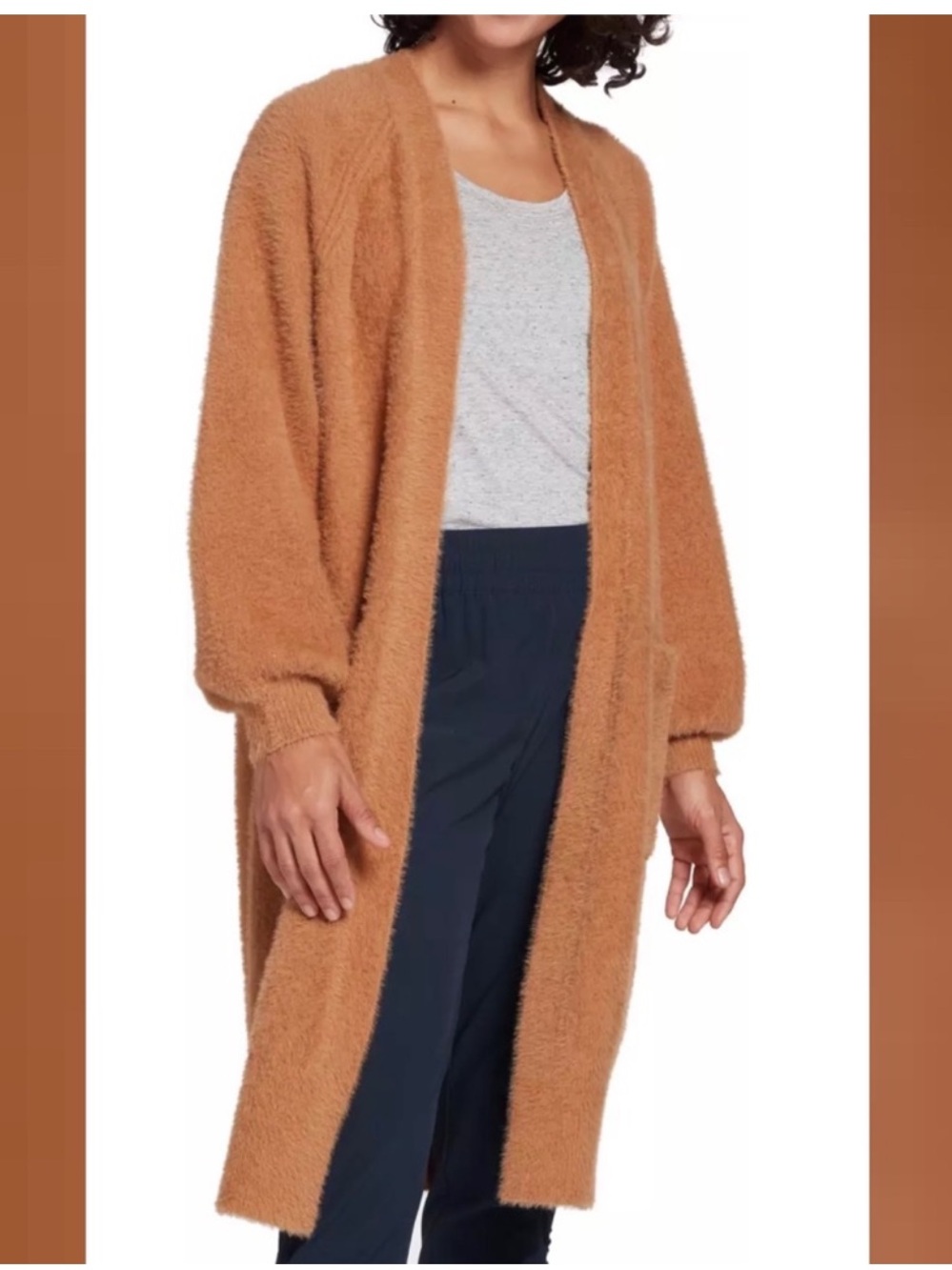 Calia Carrie Underwood Open Front Eyelash Style Cardigan Sweater Pockets Golden